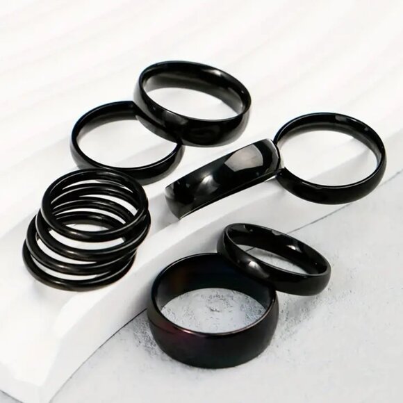 10 PC RING SET BLACK Ohm band Size 8 Variety Sizes (Thickness) - Picture 1 of 2